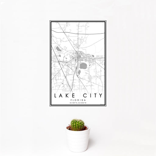 12x18 Lake City Florida Map Print Portrait Orientation in Classic Style With Small Cactus Plant in White Planter