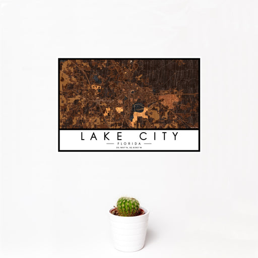 12x18 Lake City Florida Map Print Landscape Orientation in Ember Style With Small Cactus Plant in White Planter