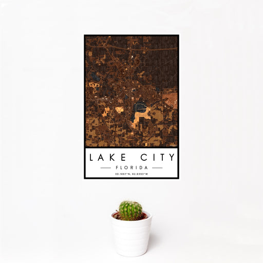 12x18 Lake City Florida Map Print Portrait Orientation in Ember Style With Small Cactus Plant in White Planter