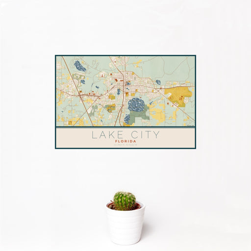 12x18 Lake City Florida Map Print Landscape Orientation in Woodblock Style With Small Cactus Plant in White Planter