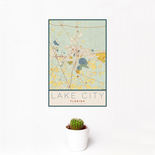 12x18 Lake City Florida Map Print Portrait Orientation in Woodblock Style With Small Cactus Plant in White Planter