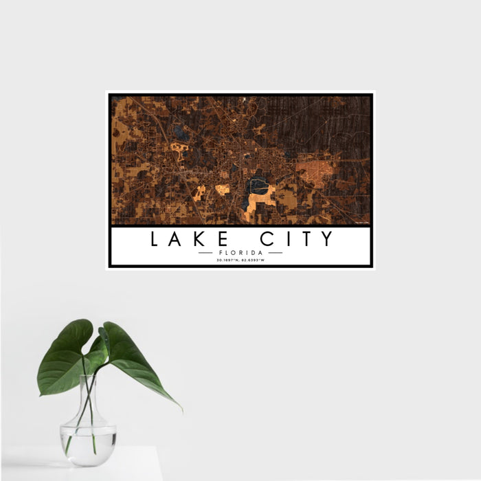 16x24 Lake City Florida Map Print Landscape Orientation in Ember Style With Tropical Plant Leaves in Water