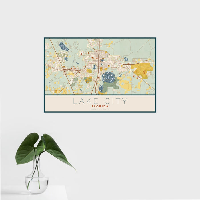 16x24 Lake City Florida Map Print Landscape Orientation in Woodblock Style With Tropical Plant Leaves in Water