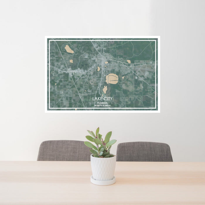 24x36 Lake City Florida Map Print Lanscape Orientation in Afternoon Style Behind 2 Chairs Table and Potted Plant