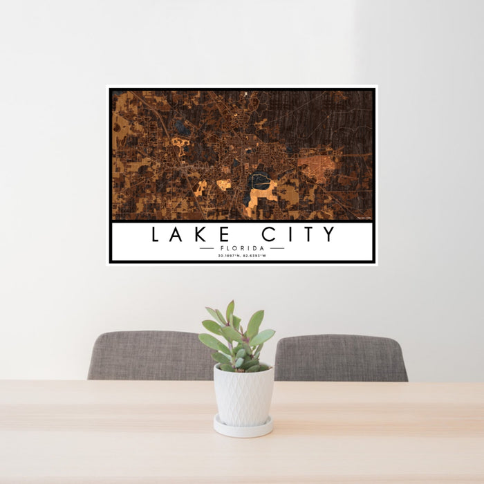 24x36 Lake City Florida Map Print Lanscape Orientation in Ember Style Behind 2 Chairs Table and Potted Plant