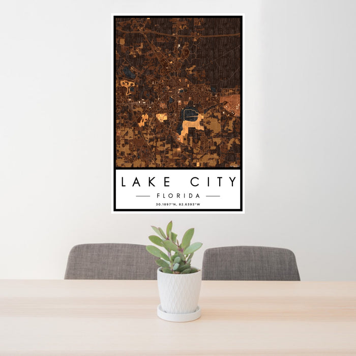 24x36 Lake City Florida Map Print Portrait Orientation in Ember Style Behind 2 Chairs Table and Potted Plant