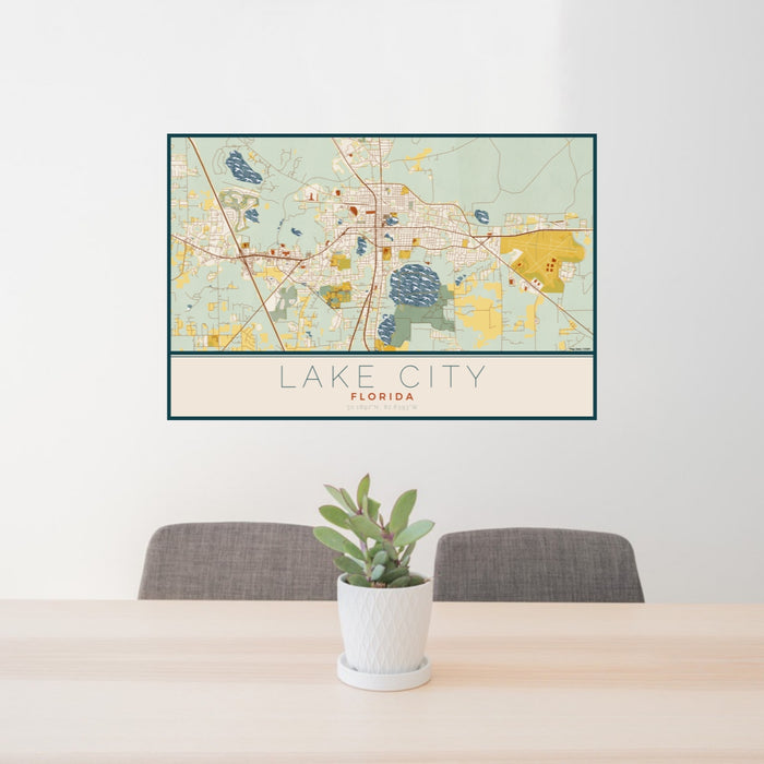 24x36 Lake City Florida Map Print Lanscape Orientation in Woodblock Style Behind 2 Chairs Table and Potted Plant