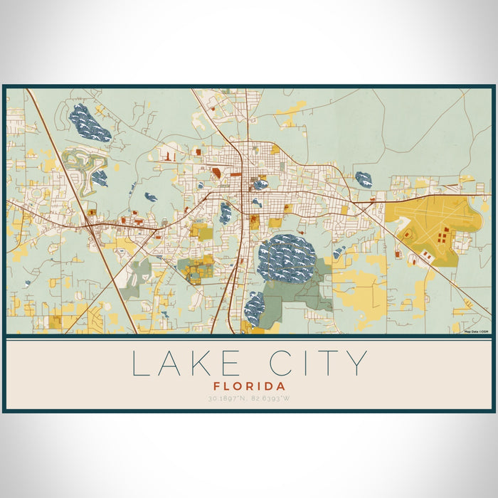 Lake City Florida Map Print Landscape Orientation in Woodblock Style With Shaded Background