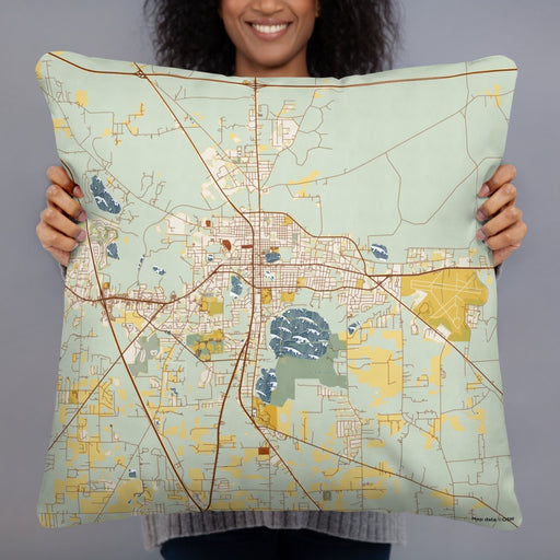 Person holding 22x22 Custom Lake City Florida Map Throw Pillow in Woodblock