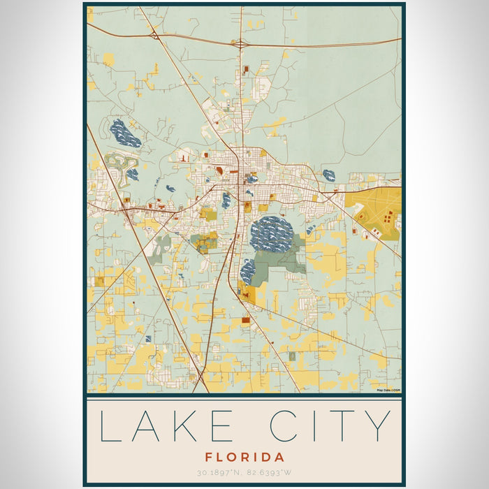 Lake City Florida Map Print Portrait Orientation in Woodblock Style With Shaded Background