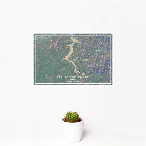 12x18 Lake Coeur d'Alene Idaho Map Print Landscape Orientation in Afternoon Style With Small Cactus Plant in White Planter