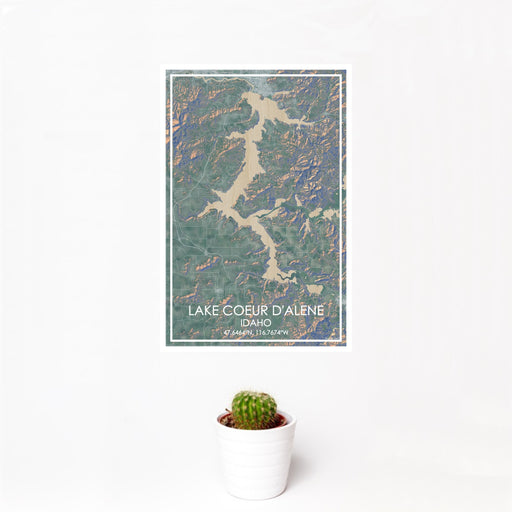 12x18 Lake Coeur d'Alene Idaho Map Print Portrait Orientation in Afternoon Style With Small Cactus Plant in White Planter