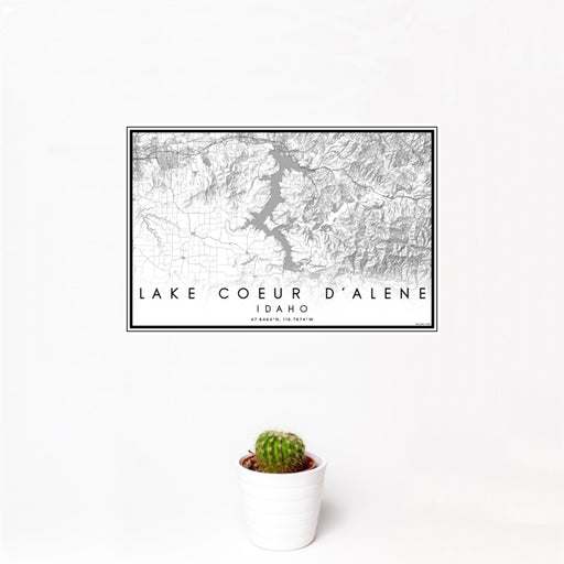 12x18 Lake Coeur d'Alene Idaho Map Print Landscape Orientation in Classic Style With Small Cactus Plant in White Planter