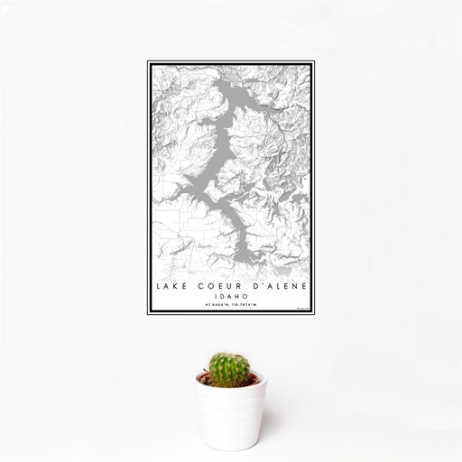 12x18 Lake Coeur d'Alene Idaho Map Print Portrait Orientation in Classic Style With Small Cactus Plant in White Planter