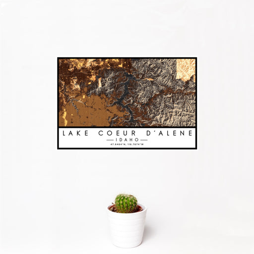 12x18 Lake Coeur d'Alene Idaho Map Print Landscape Orientation in Ember Style With Small Cactus Plant in White Planter