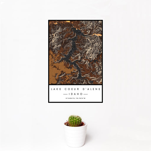 12x18 Lake Coeur d'Alene Idaho Map Print Portrait Orientation in Ember Style With Small Cactus Plant in White Planter