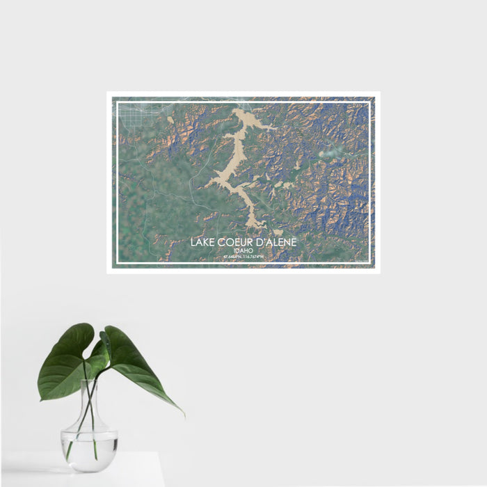 16x24 Lake Coeur d'Alene Idaho Map Print Landscape Orientation in Afternoon Style With Tropical Plant Leaves in Water