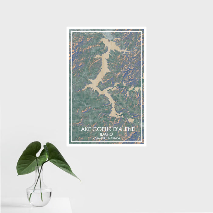 16x24 Lake Coeur d'Alene Idaho Map Print Portrait Orientation in Afternoon Style With Tropical Plant Leaves in Water