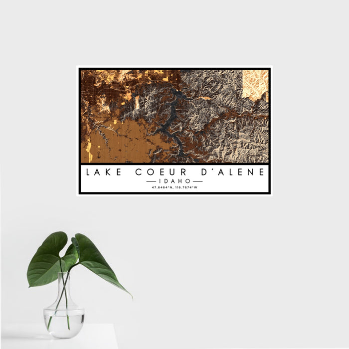 16x24 Lake Coeur d'Alene Idaho Map Print Landscape Orientation in Ember Style With Tropical Plant Leaves in Water