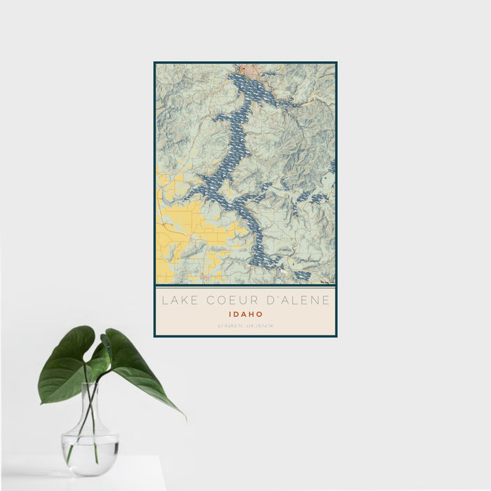 16x24 Lake Coeur d'Alene Idaho Map Print Portrait Orientation in Woodblock Style With Tropical Plant Leaves in Water
