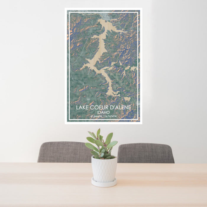 24x36 Lake Coeur d'Alene Idaho Map Print Portrait Orientation in Afternoon Style Behind 2 Chairs Table and Potted Plant