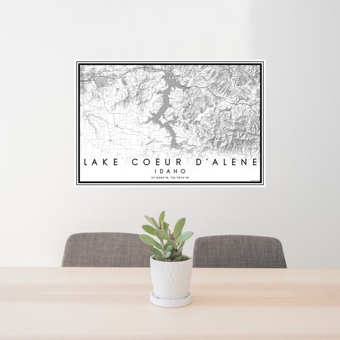 24x36 Lake Coeur d'Alene Idaho Map Print Lanscape Orientation in Classic Style Behind 2 Chairs Table and Potted Plant