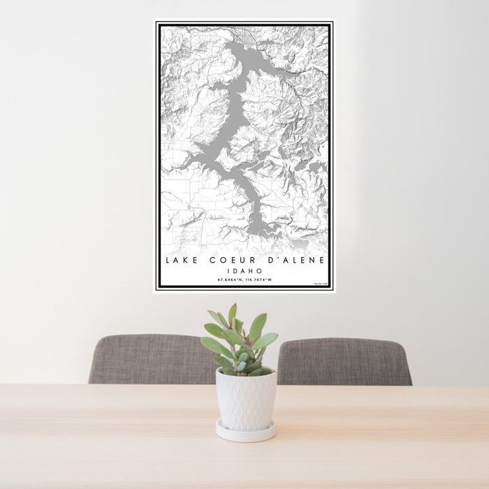 24x36 Lake Coeur d'Alene Idaho Map Print Portrait Orientation in Classic Style Behind 2 Chairs Table and Potted Plant