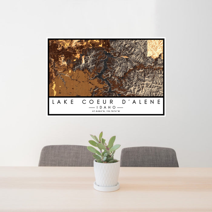 24x36 Lake Coeur d'Alene Idaho Map Print Lanscape Orientation in Ember Style Behind 2 Chairs Table and Potted Plant