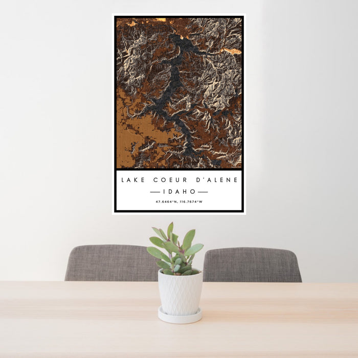 24x36 Lake Coeur d'Alene Idaho Map Print Portrait Orientation in Ember Style Behind 2 Chairs Table and Potted Plant