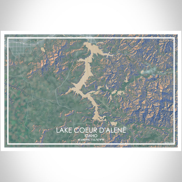Lake Coeur d'Alene Idaho Map Print Landscape Orientation in Afternoon Style With Shaded Background