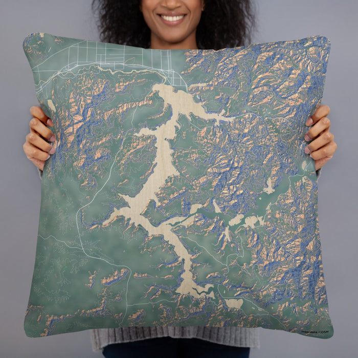 Person holding 22x22 Custom Lake Coeur d'Alene Idaho Map Throw Pillow in Afternoon