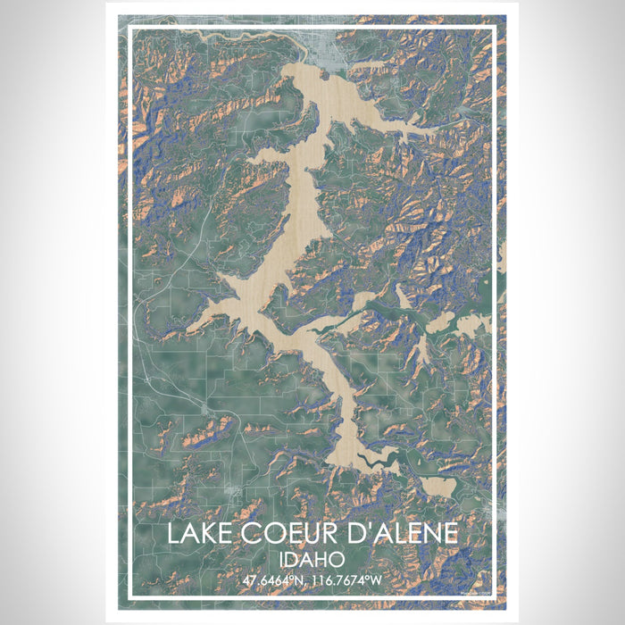 Lake Coeur d'Alene Idaho Map Print Portrait Orientation in Afternoon Style With Shaded Background