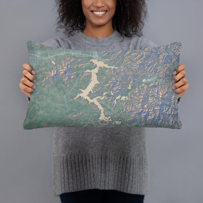 Person holding 20x12 Custom Lake Coeur d'Alene Idaho Map Throw Pillow in Afternoon