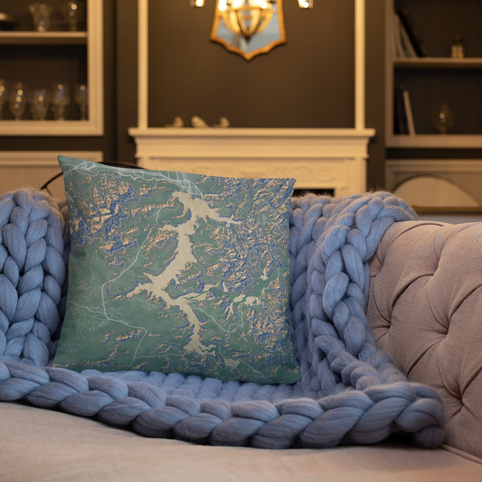 Custom Lake Coeur d'Alene Idaho Map Throw Pillow in Afternoon on Cream Colored Couch