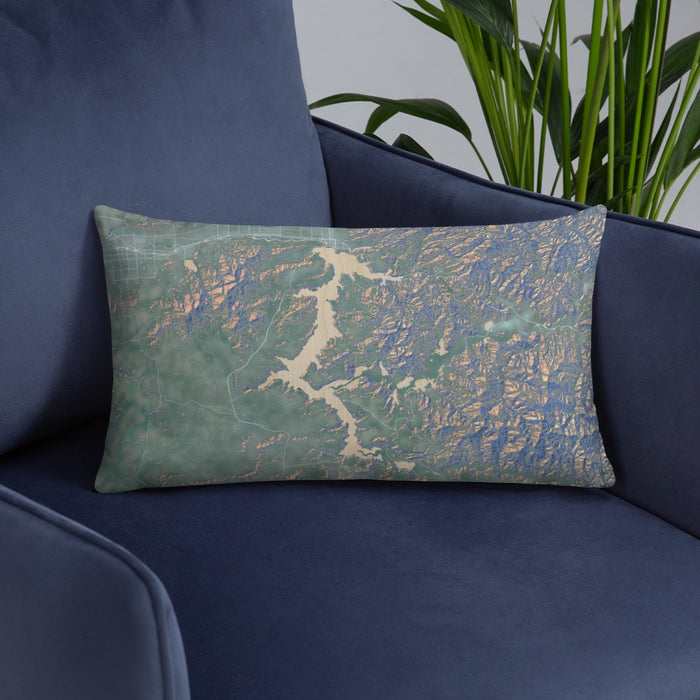 Custom Lake Coeur d'Alene Idaho Map Throw Pillow in Afternoon on Blue Colored Chair