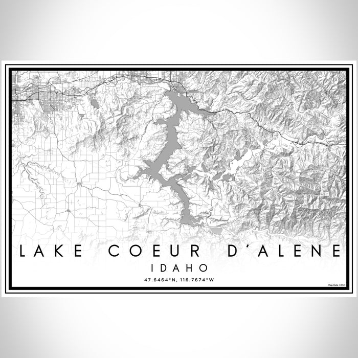 Lake Coeur d'Alene Idaho Map Print Landscape Orientation in Classic Style With Shaded Background
