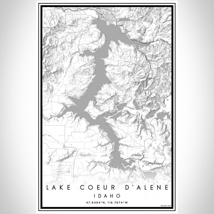 Lake Coeur d'Alene Idaho Map Print Portrait Orientation in Classic Style With Shaded Background