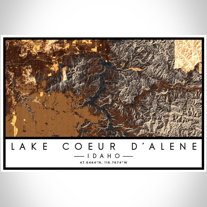 Lake Coeur d'Alene Idaho Map Print Landscape Orientation in Ember Style With Shaded Background