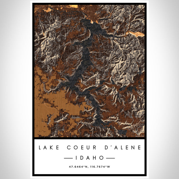 Lake Coeur d'Alene Idaho Map Print Portrait Orientation in Ember Style With Shaded Background