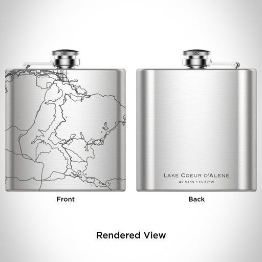 Rendered View of Lake Coeur d'Alene Idaho Map Engraving on 6oz Stainless Steel Flask