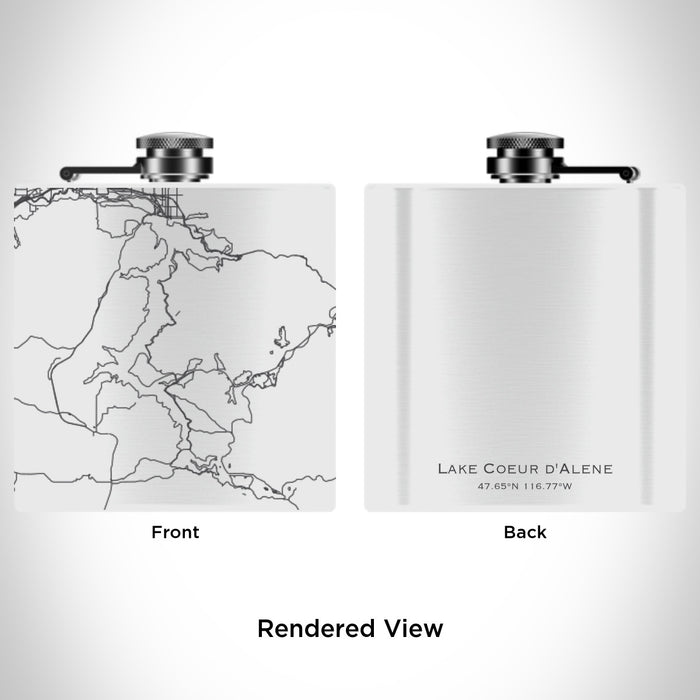 Rendered View of Lake Coeur d'Alene Idaho Map Engraving on 6oz Stainless Steel Flask in White