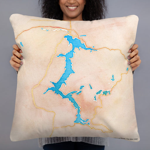 Person holding 22x22 Custom Lake Coeur d'Alene Idaho Map Throw Pillow in Watercolor