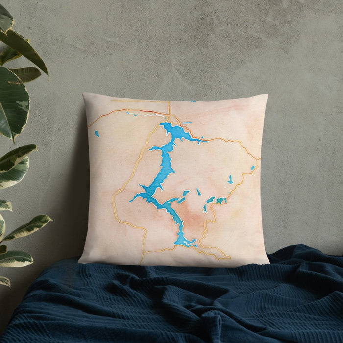 Custom Lake Coeur d'Alene Idaho Map Throw Pillow in Watercolor on Bedding Against Wall