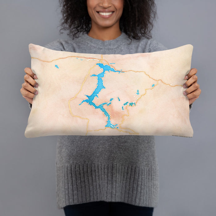 Person holding 20x12 Custom Lake Coeur d'Alene Idaho Map Throw Pillow in Watercolor