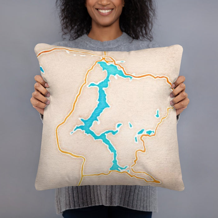 Person holding 18x18 Custom Lake Coeur d'Alene Idaho Map Throw Pillow in Watercolor