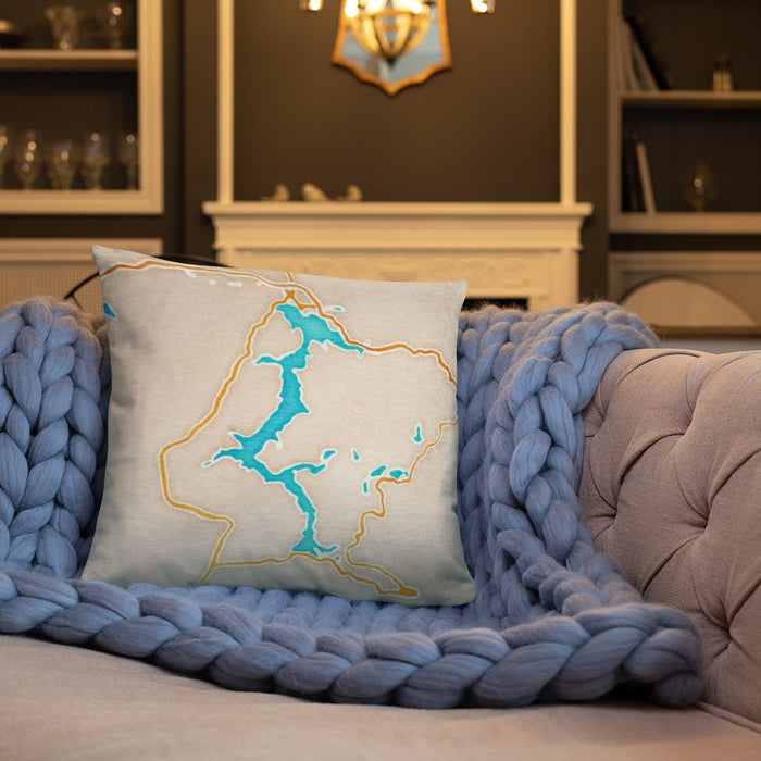 Custom Lake Coeur d'Alene Idaho Map Throw Pillow in Watercolor on Cream Colored Couch