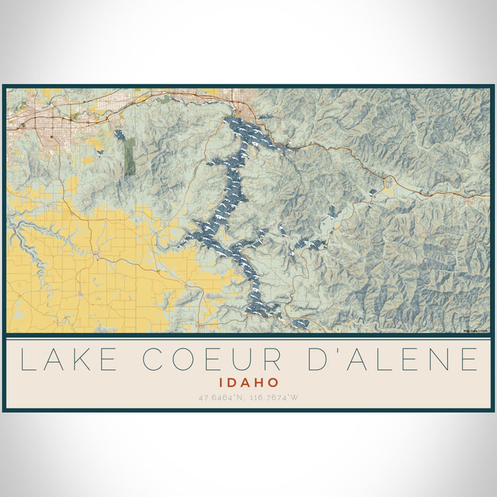 Lake Coeur d'Alene Idaho Map Print Landscape Orientation in Woodblock Style With Shaded Background
