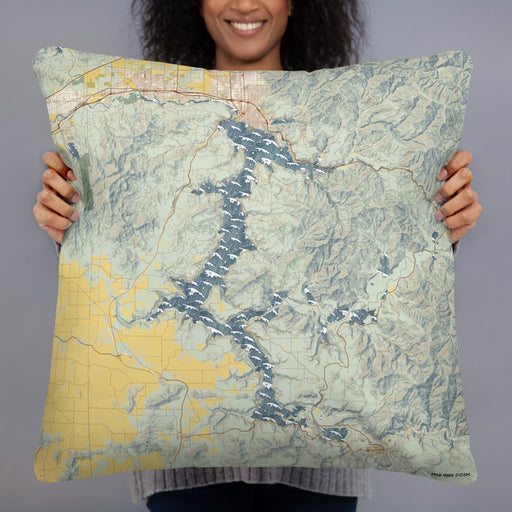 Person holding 22x22 Custom Lake Coeur d'Alene Idaho Map Throw Pillow in Woodblock