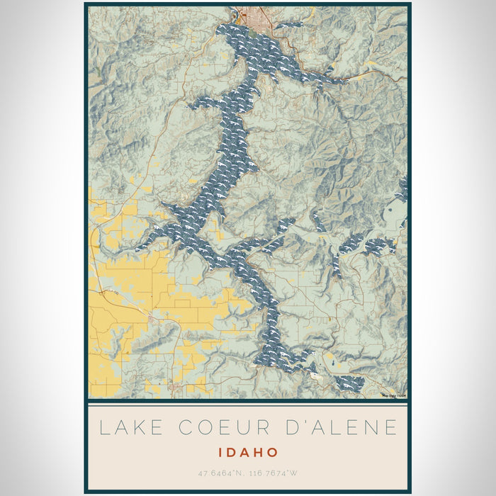 Lake Coeur d'Alene Idaho Map Print Portrait Orientation in Woodblock Style With Shaded Background