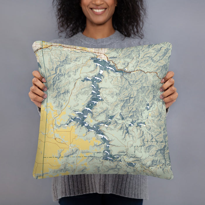 Person holding 18x18 Custom Lake Coeur d'Alene Idaho Map Throw Pillow in Woodblock